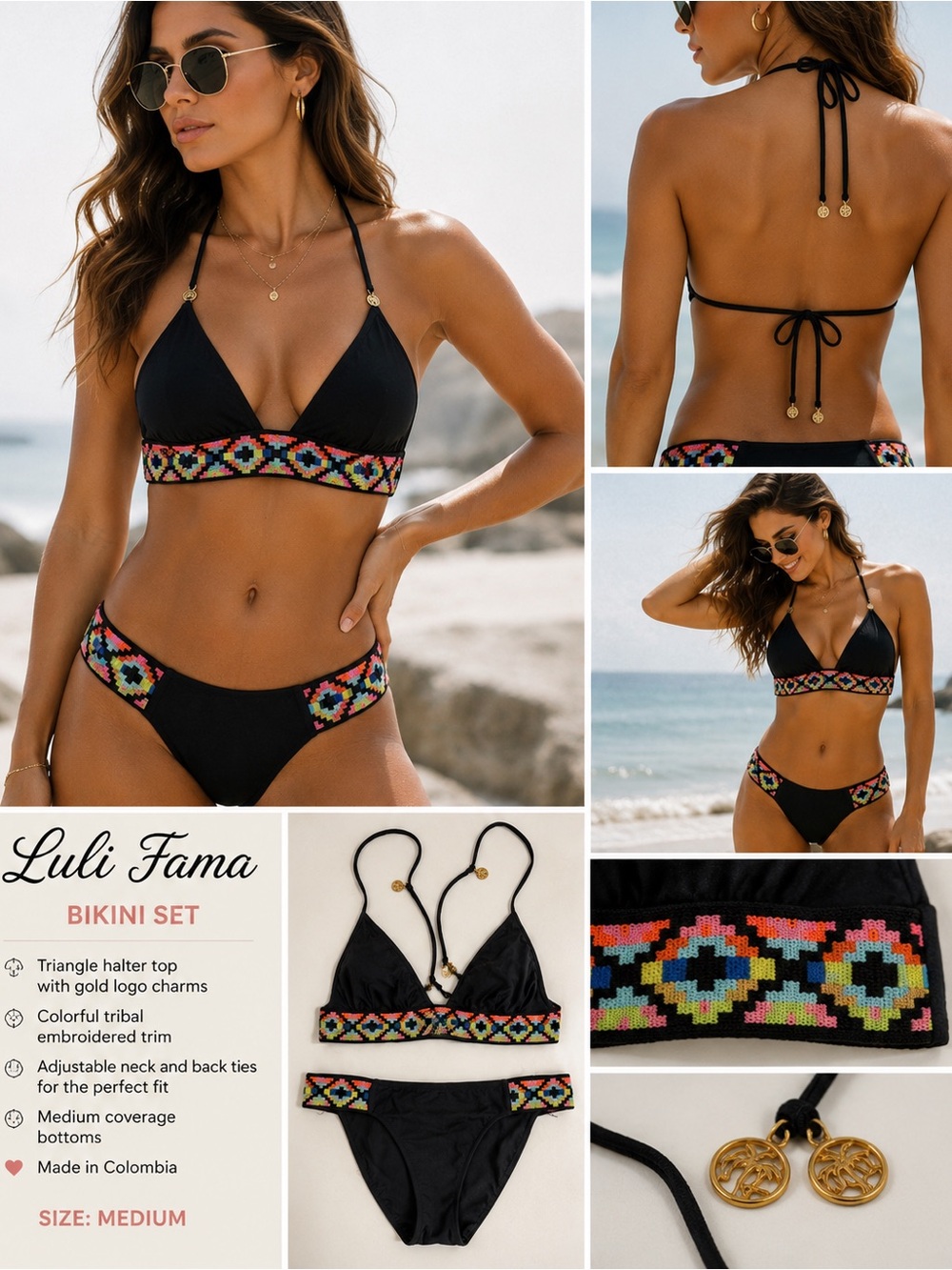 Luli Fama Black Bikini Set Medium Tribal Embroidered Trim Swimwear